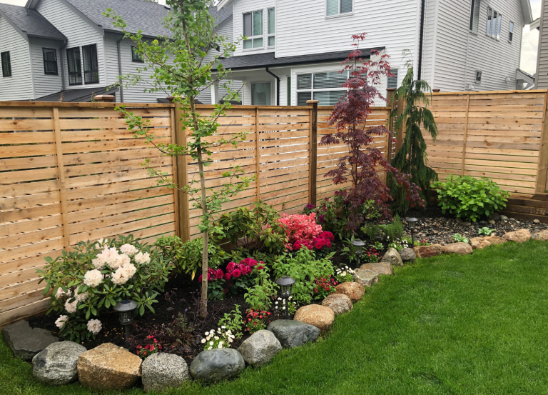 Backyard landscape design with flowerbed